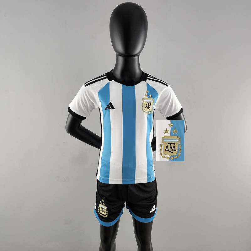 Kids Argentina Three Stars Jersey Home World Cup 2022