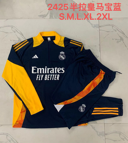 24/25 Real Madrid royal blue half zip Tracksuit yellow collar