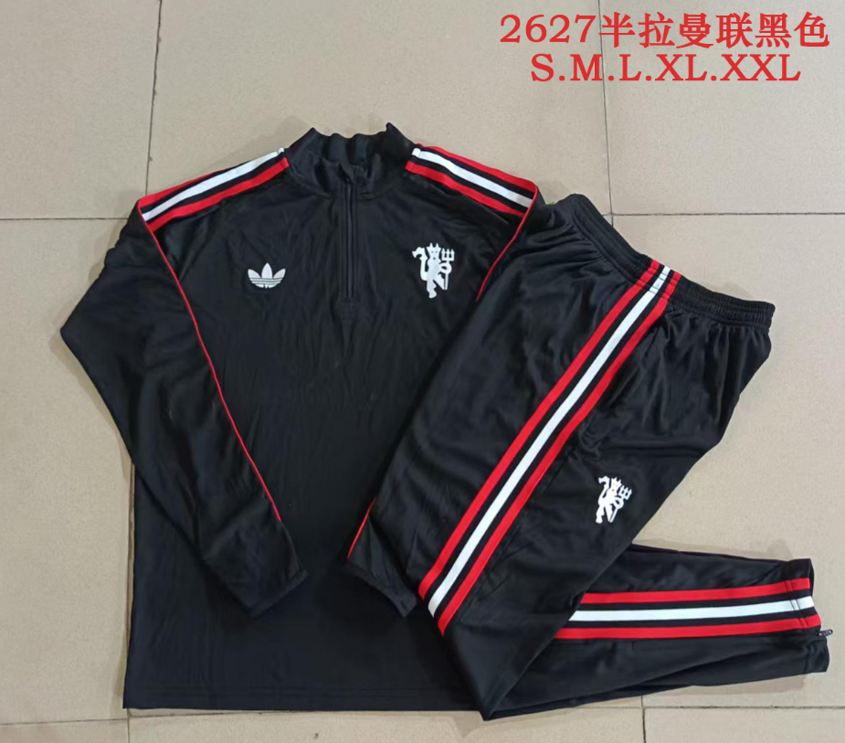 26/27 Half Pull Manchester United Black（Red and white woven ribbon）Tracksuit