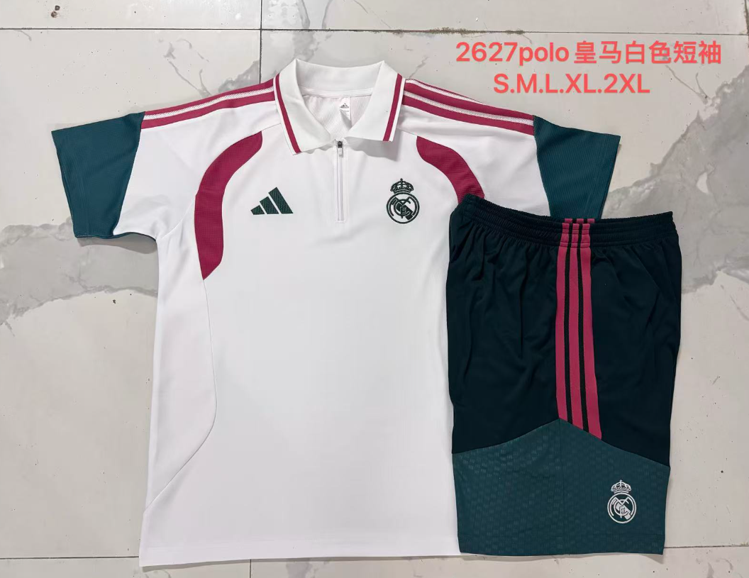 26/27 Adults POLO Real Madrid White with rose red (paired with cropped pants) Training Kits